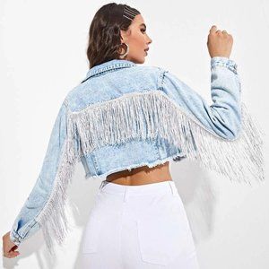 Shein | Raw Hem Fringe Detail Crop Denim Jacket | Size Large | NWOT
